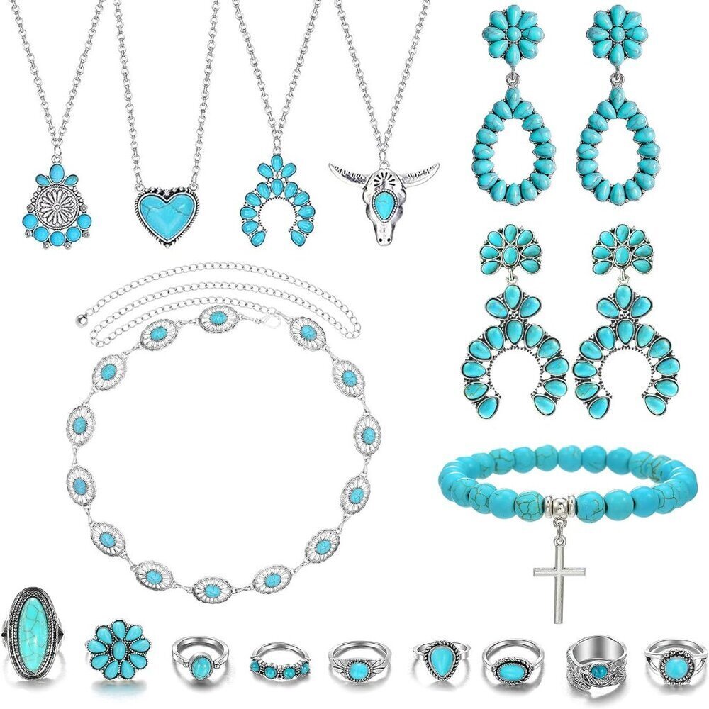 Western Turquoise Jewelry Set for Women Boho Rings Necklaces Earrings Bracelets